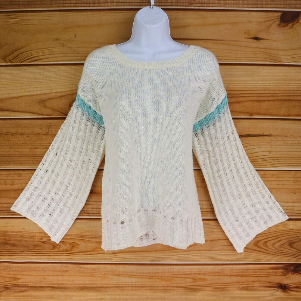Loose Knit Sweater Ivory White Seafoam Green Womens S/M Fluted Sleeve ee:some